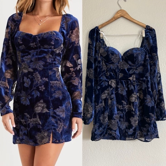 Simply Decadent Navy Floral Velvet Burnout Bustier Mini Dress - Picture 1 of 9